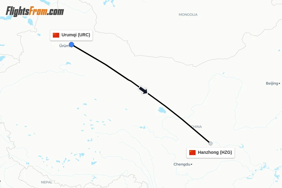 Flights from Urumqi to Hanzhong route map