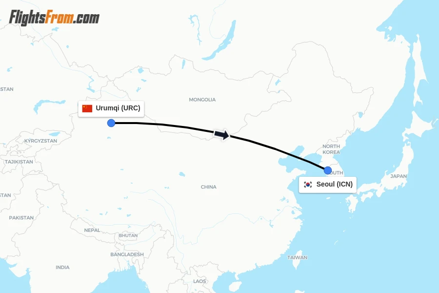 Flights from Urumqi to Seoul route map