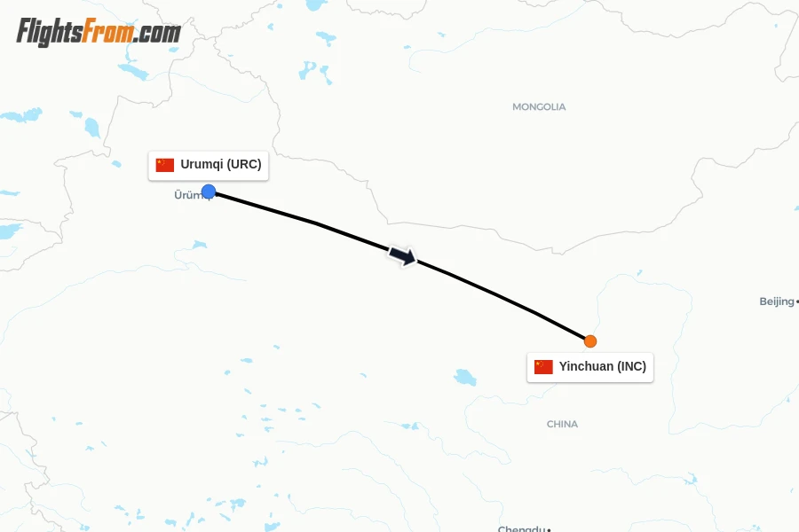 Flights from Urumqi to Yinchuan route map