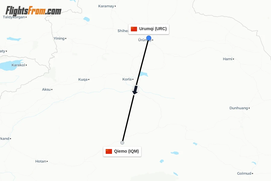 Flights from Urumqi to Qiemo route map