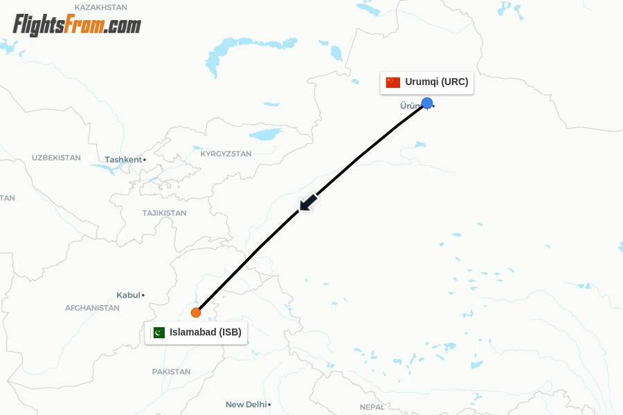 Flights from Urumqi to Islamabad route map