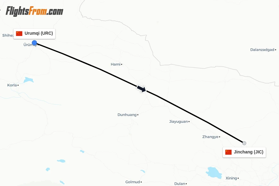 Flights from Urumqi to Jinchang route map
