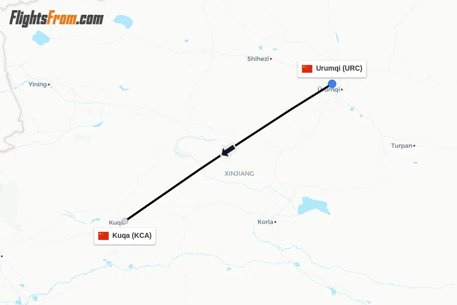 Flights from Urumqi to Kuqa route map