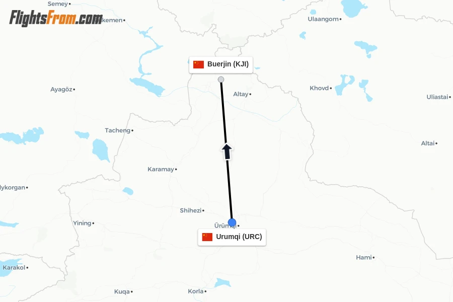 Flights from Urumqi to Buerjin route map