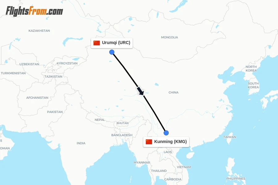 Flights from Urumqi to Kunming route map