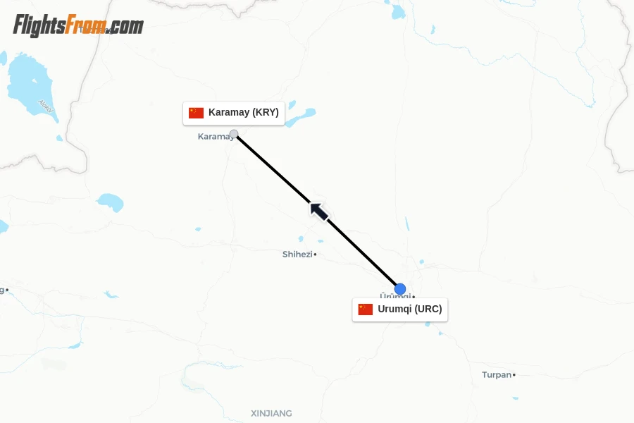 Flights from Urumqi to Karamay route map