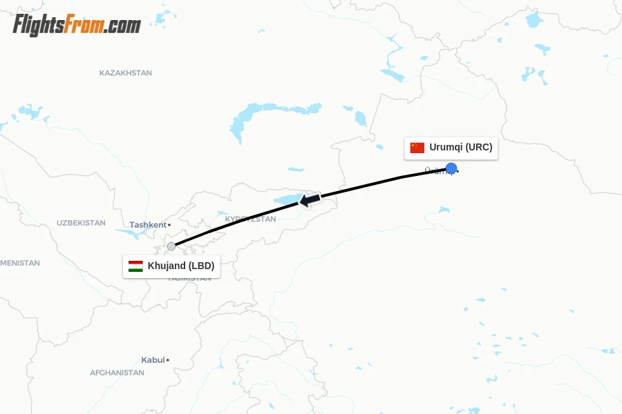 Flights from Urumqi to Khujand route map