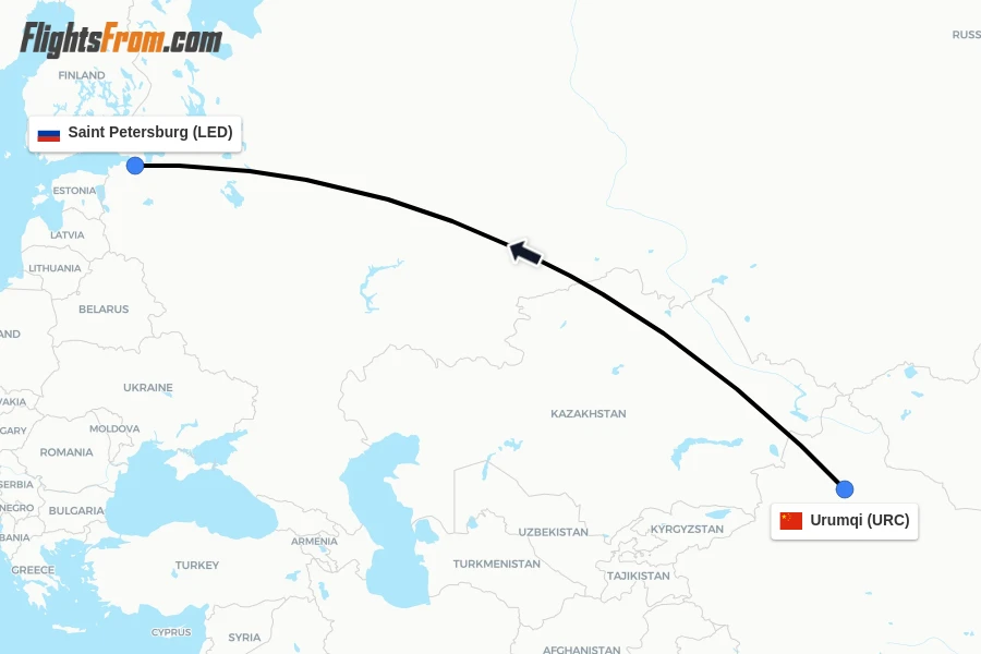 Flights from Urumqi to Saint Petersburg route map
