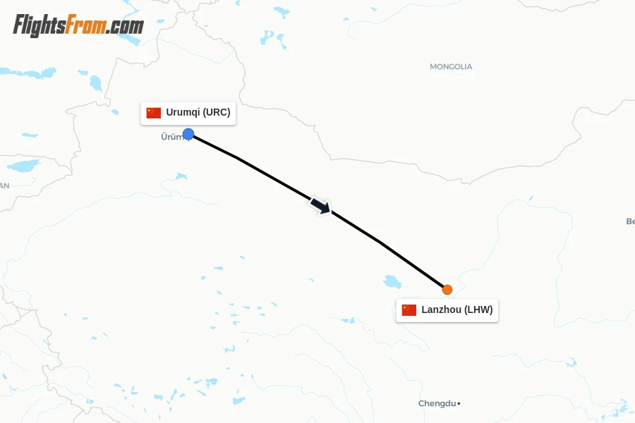 Flights from Urumqi to Lanzhou route map