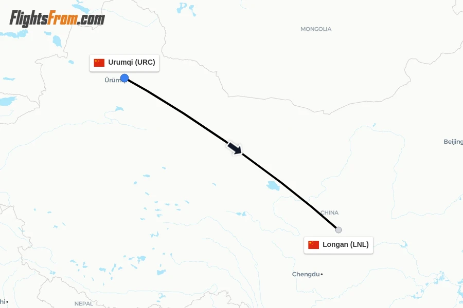 Flights from Urumqi to Longan route map