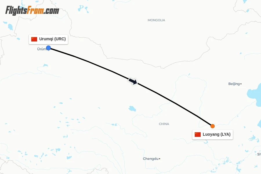 Flights from Urumqi to Luoyang route map