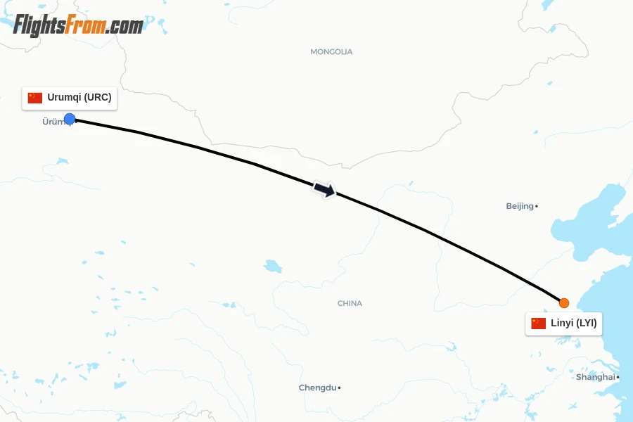 Flights from Urumqi to Linyi route map