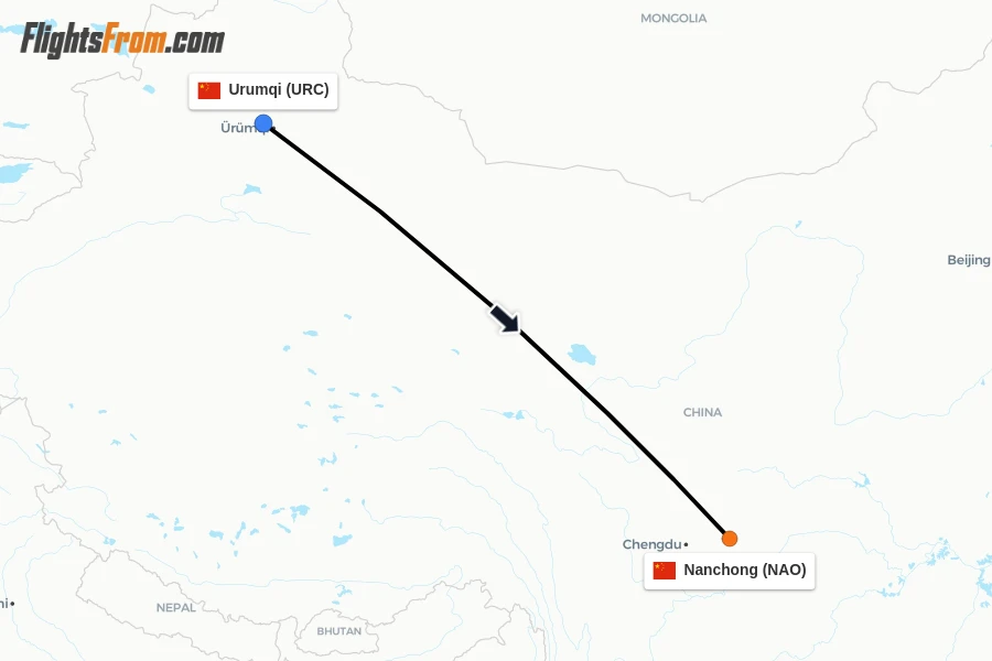 Flights from Urumqi to Nanchong route map