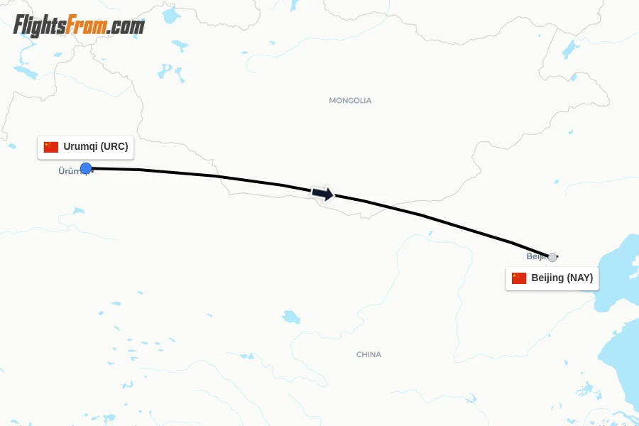 Flights from Urumqi to Beijing route map
