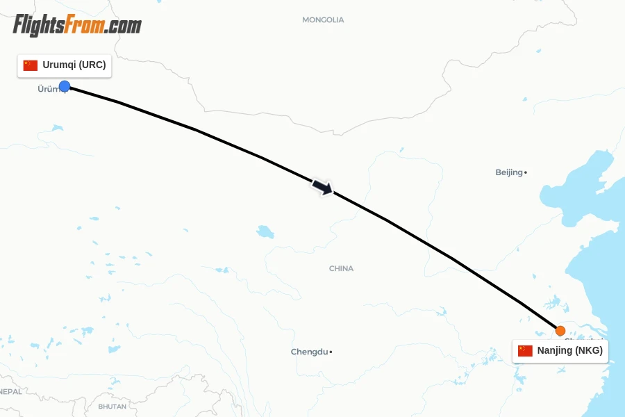 Flights from Urumqi to Nanjing route map