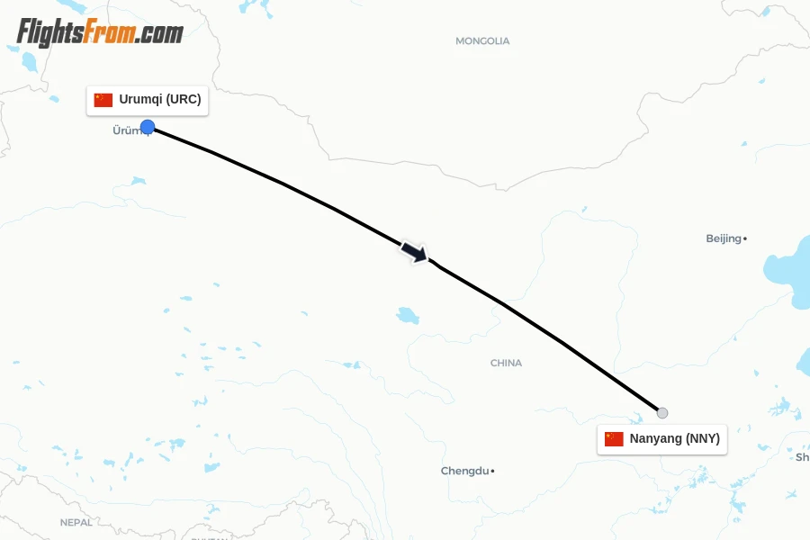 Flights from Urumqi to Nanyang route map