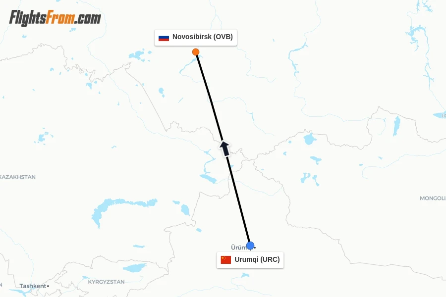 Flights from Urumqi to Novosibirsk route map