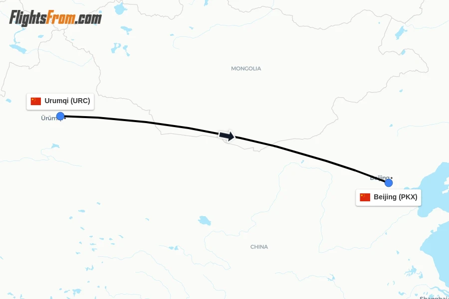 Flights from Urumqi to Beijing route map