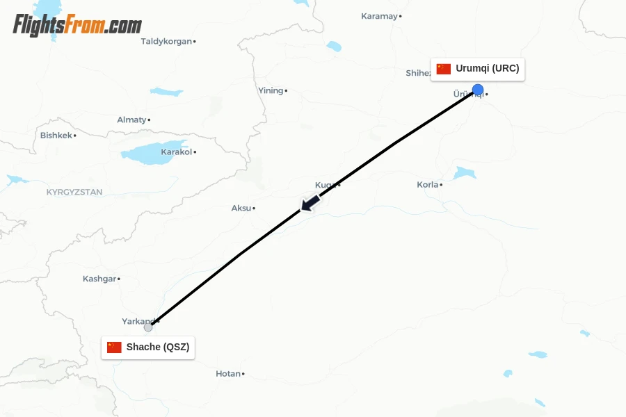 Flights from Urumqi to Shache route map