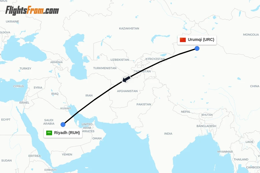 Flights from Urumqi to Riyadh route map