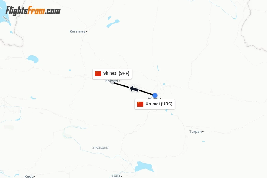 Flights from Urumqi to Shihezi route map