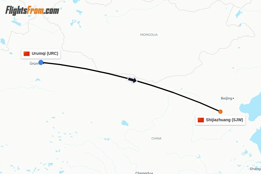 Flights from Urumqi to Shijiazhuang route map