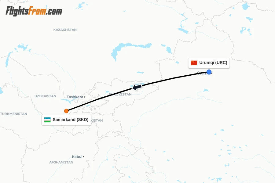 Flights from Urumqi to Samarkand route map