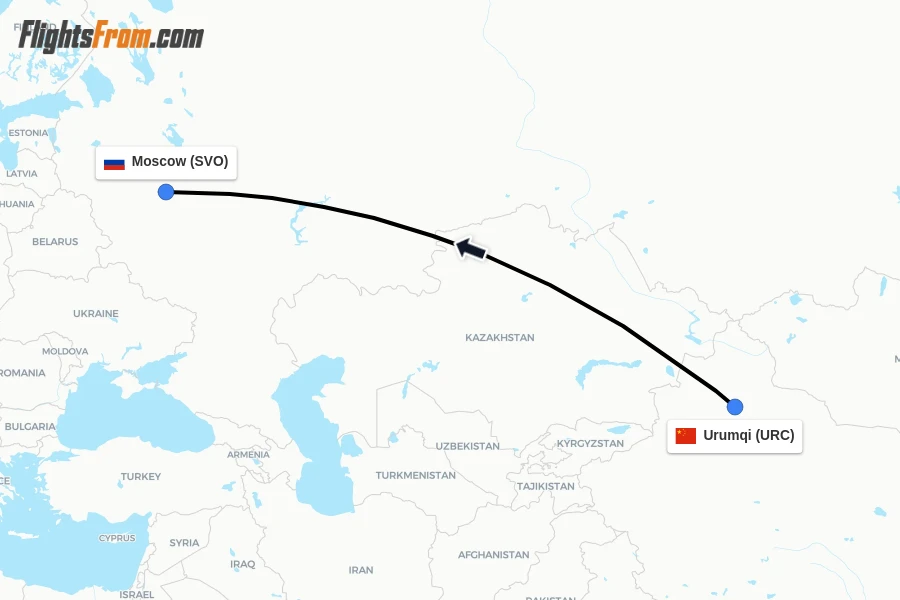 Flights from Urumqi to Moscow route map