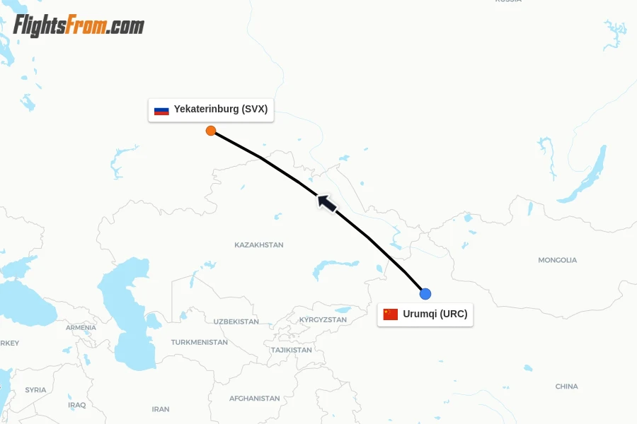 Flights from Urumqi to Yekaterinburg route map