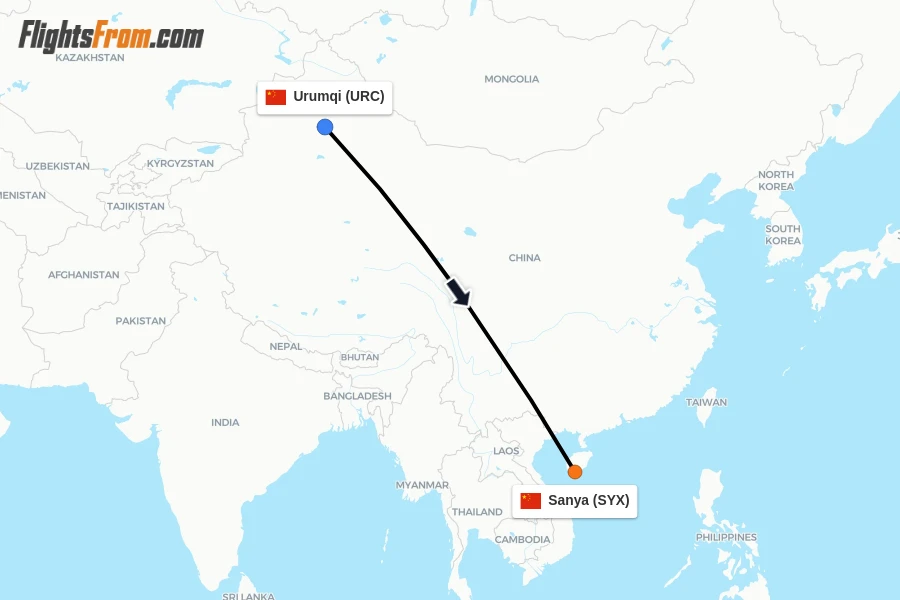 Flights from Urumqi to Sanya route map