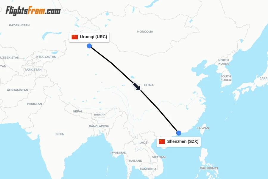 Flights from Urumqi to Shenzhen route map