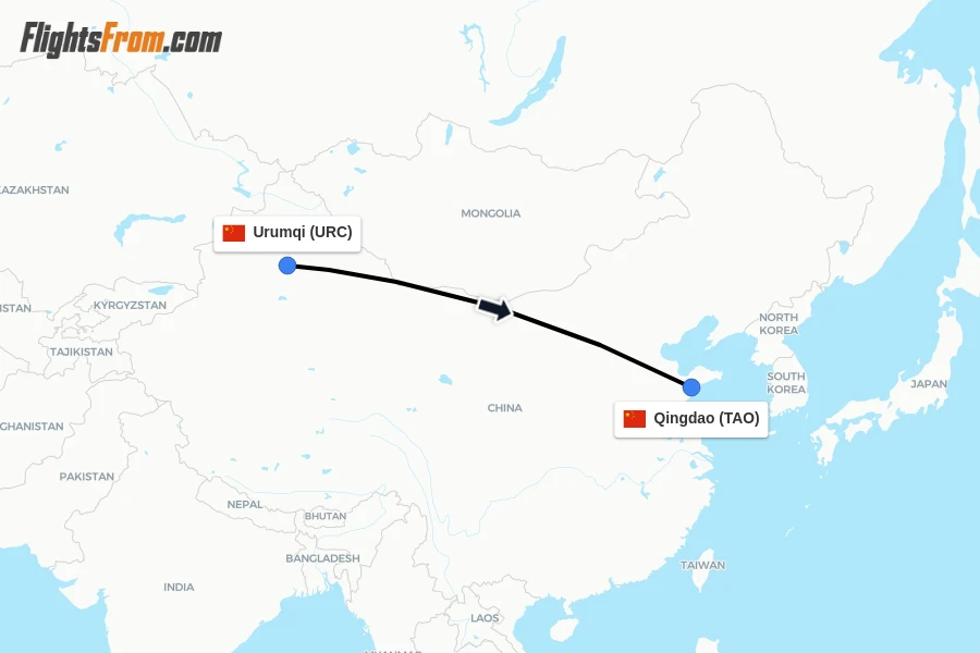 Flights from Urumqi to Qingdao route map