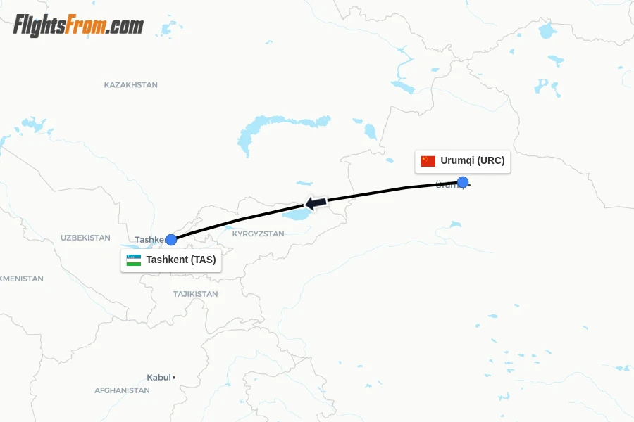 Flights from Urumqi to Tashkent route map