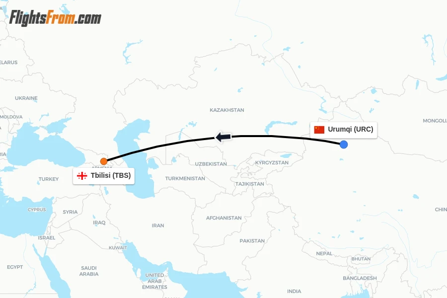 Flights from Urumqi to Tbilisi route map