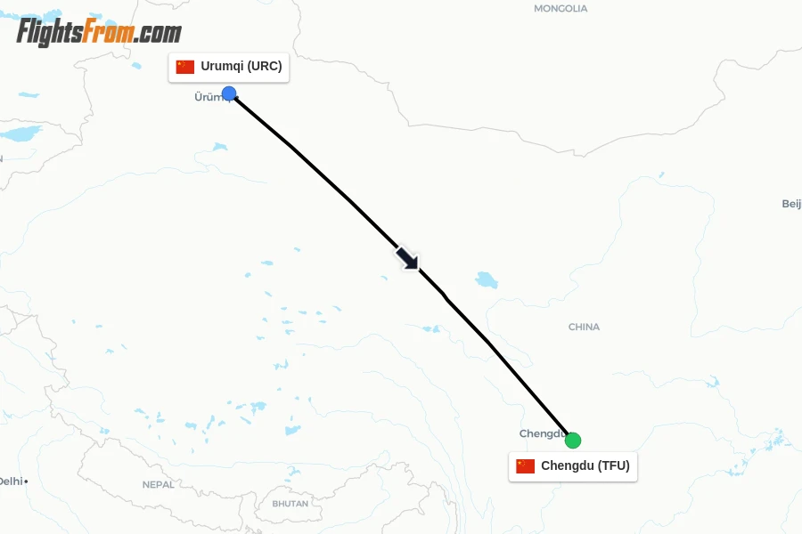 Flights from Urumqi to Chengdu route map