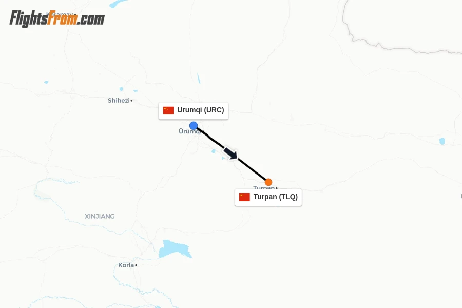 Flights from Urumqi to Turpan route map