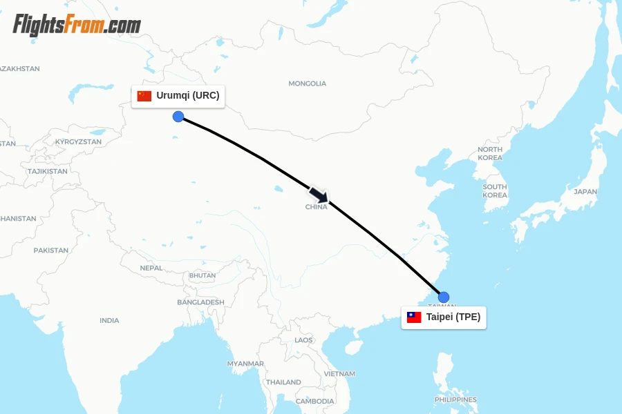 Flights from Urumqi to Taipei route map