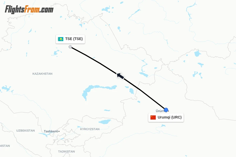 Flights from Urumqi to TSE route map