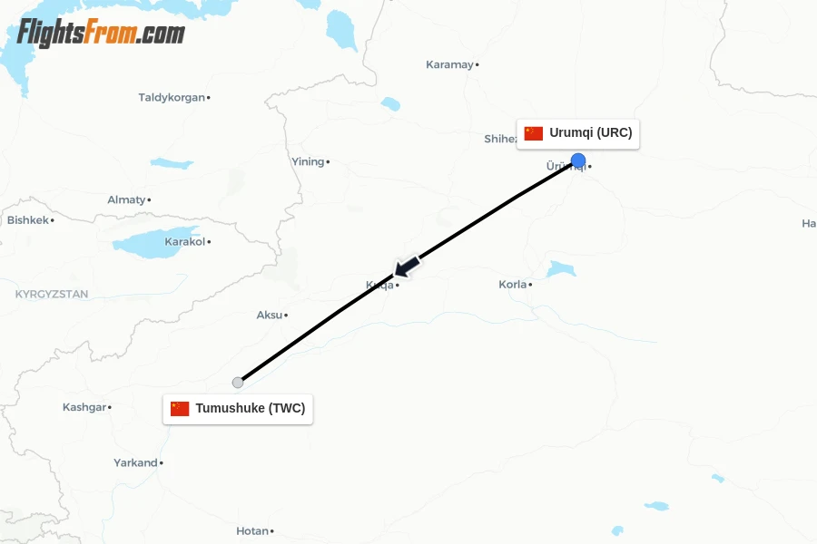 Flights from Urumqi to Tumushuke route map