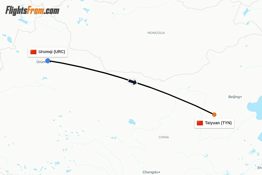 Flights from Urumqi to Taiyuan route map