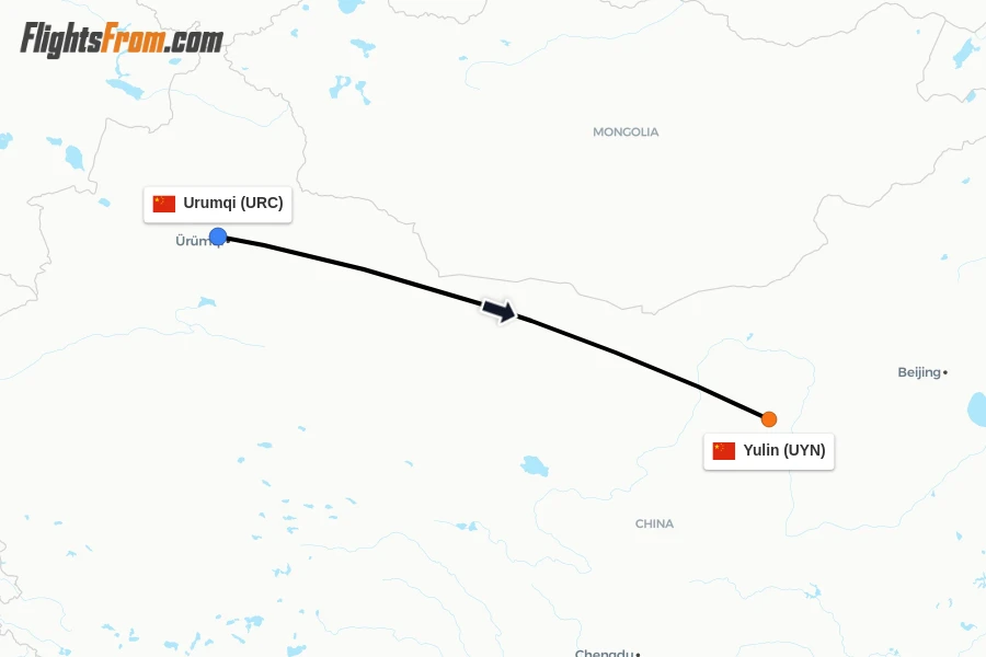 Flights from Urumqi to Yulin route map