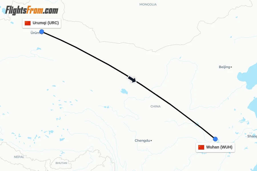 Flights from Urumqi to Wuhan route map