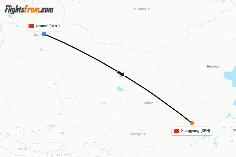 Flights from Urumqi to Xiangyang route map