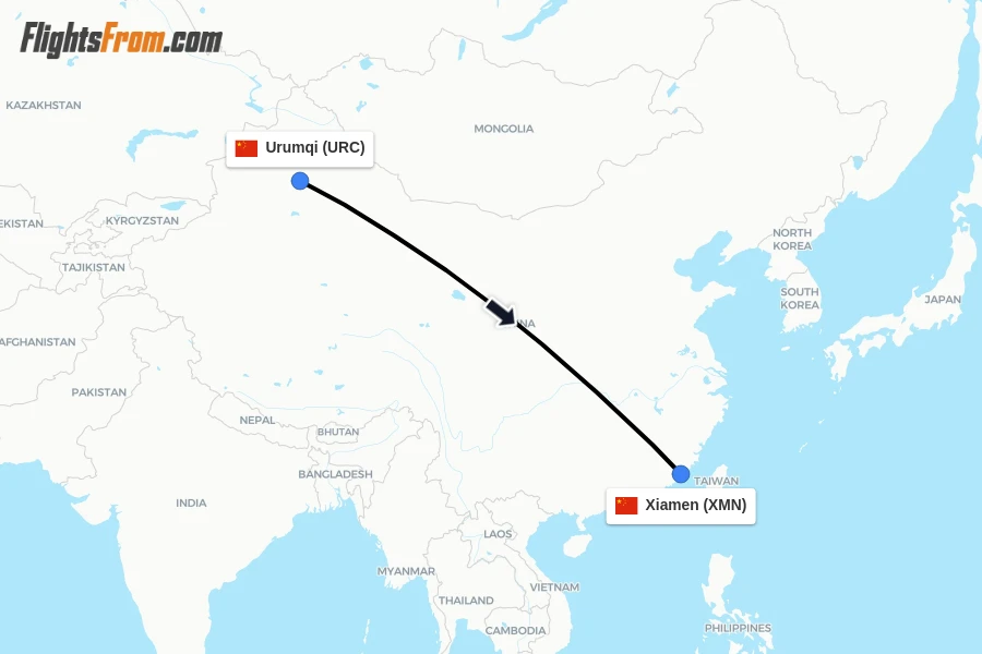 Flights from Urumqi to Xiamen route map