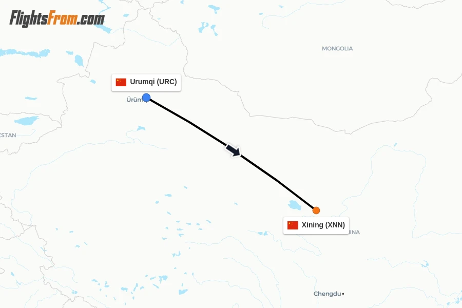 Flights from Urumqi to Xining route map