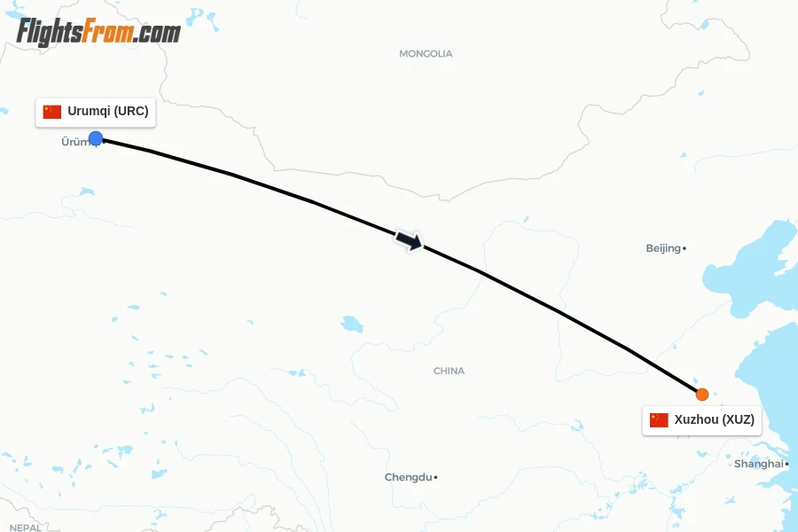 Flights from Urumqi to Xuzhou route map