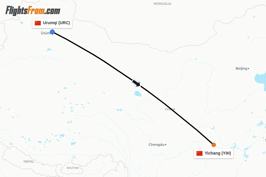 Flights from Urumqi to Yichang route map