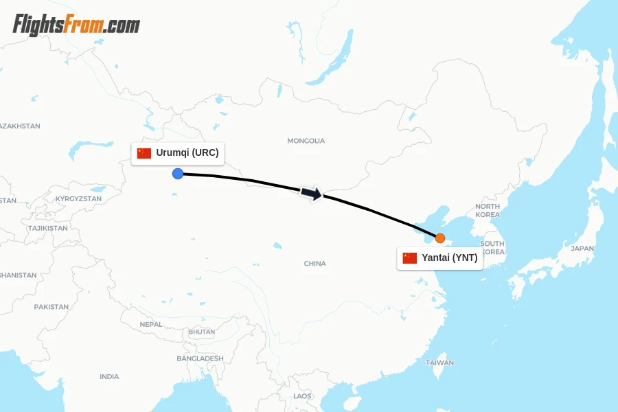 Flights from Urumqi to Yantai route map