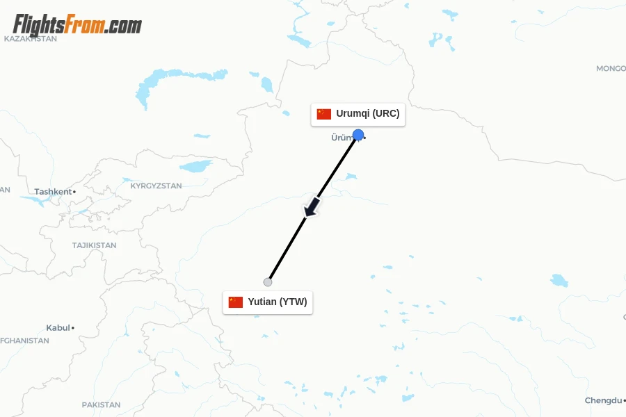 Flights from Urumqi to Yutian route map
