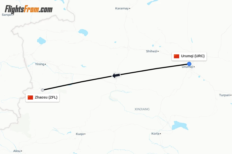 Flights from Urumqi to Zhaosu route map